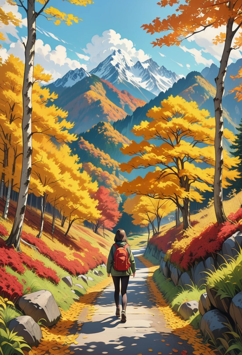 realistic anime art style, nature trees々Painting of a girl hiking through a lush mountain、The girl is painted small on the canvas、Green and yellow leaves、Autumn mountain scene、Distant mountains visible in the background々、Red or yellow autumn leaves、Masterpiece Painting、Highest quality、Composition with depth、Pop Art Style