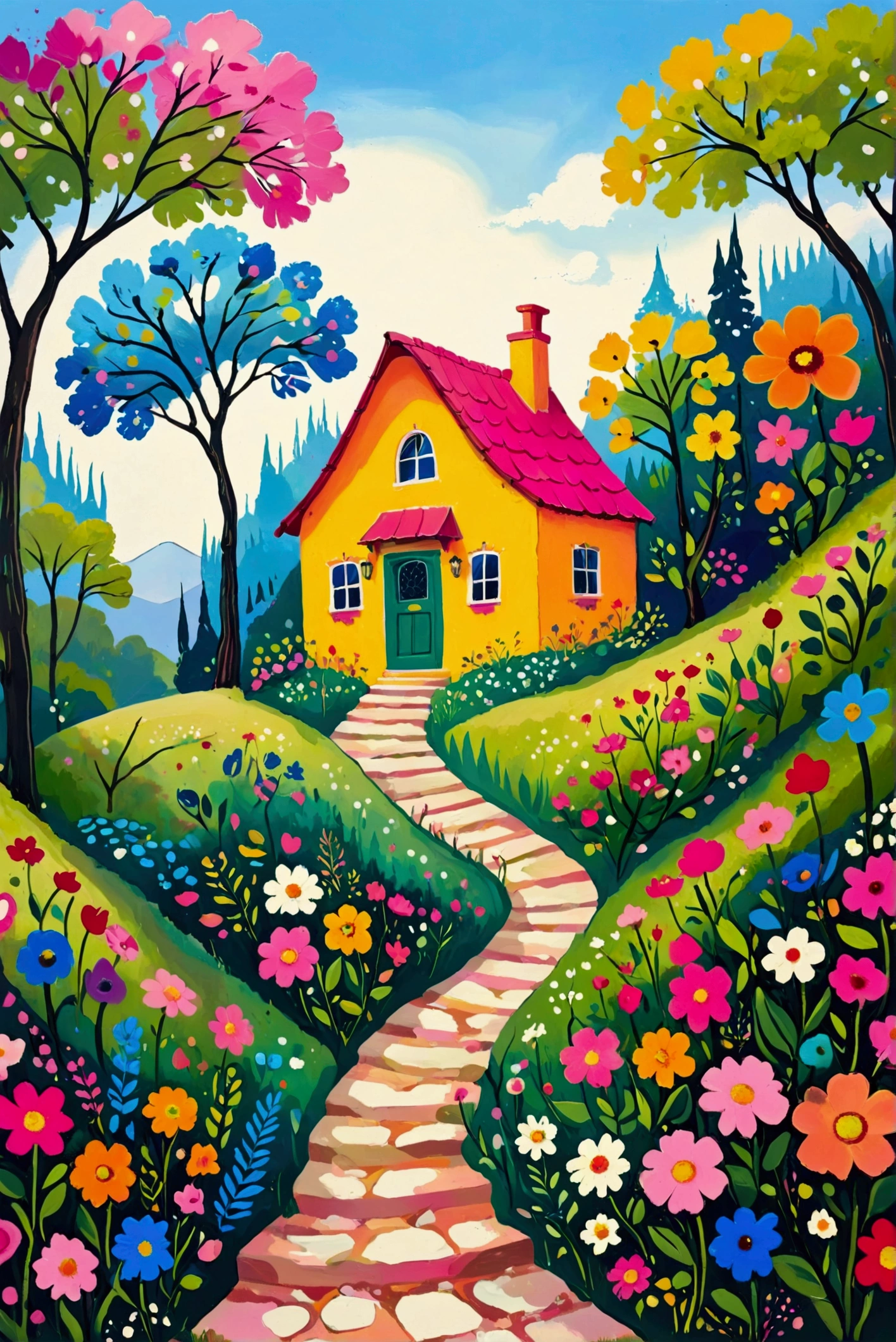 painting of a house in a colorful garden with trees and flowers, full of colour w 1024, whimsical art, flowery cottage, full of colour 8-w 1024, bright and colourful, vibrant painting, jane newland, house in the wood, house on a hill, colorful house, sunlight and whimsical houses, full of colour