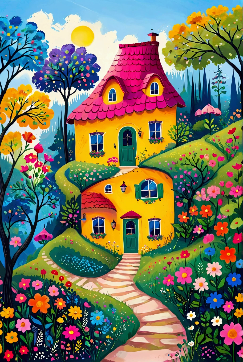 painting of a house in a colorful garden with trees and flowers, full of colour w 1024, whimsical art, flowery cottage, full of colour 8-w 1024, bright and colourful, vibrant painting, jane newland, house in the wood, house on a hill, colorful house, sunlight and whimsical houses, full of colour