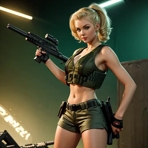 sexy blonde girl with pin-up hairstyle, wearing bulletproof vest and shorts, shooting assault rifle, counter strike universe, dy...