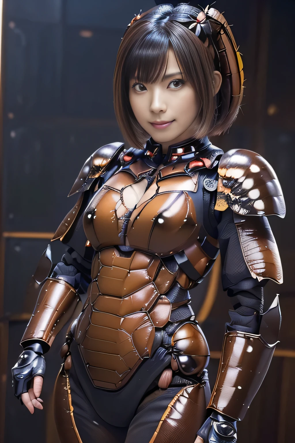 (high resolution,masterpiece,best quality,extremely detailed CG, anime, official art:1.4), realistic, photo, amazing fine details, all intricate, gloss and shiny,awesome many layers, 8k wall paper, 3d, sketch, kawaii, illustration,( solo:1.4), perfect female proportion,villainess, (fusion of dark brown cockroach and lady:1.4), (brown cockroach form lady:1.2), (brown cockroach lady:1.2), (fusion:1.2), (solo:1.4), (evil smile:1.2), muscular, abs, (cockroach brown exoskeleton bio insect suit:1.4), (cockroach brown exoskeleton bio insect armor:1.2), (brown transparency cockroach wing:1.4), (brown cockroach antennae:1.3),