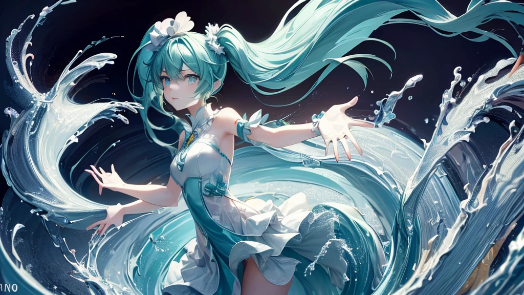 "Hatsune Miku, dynamically manipulating water with her hands, creating swirling waves and sparkling droplets around her. Her expression is one of concentration and joy, her elaborate costume flowing with the movement of the water. The background features a mystical landscape with waterfalls and glowing plants. High-resolution, high-quality illustration."