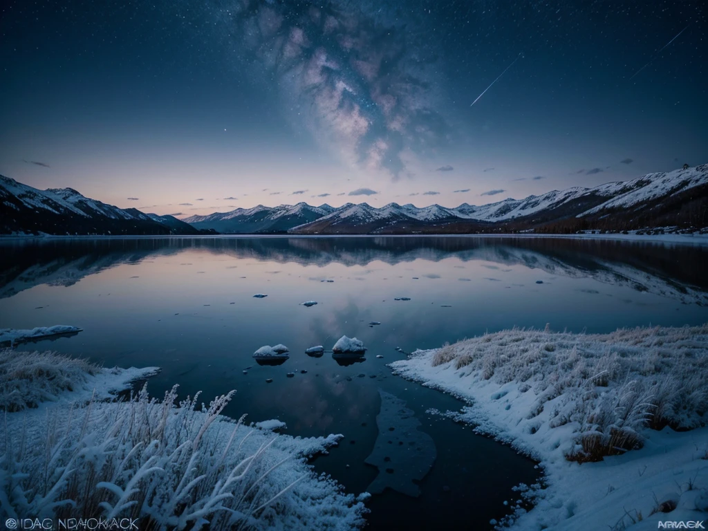 frozen lake lake, night, stars in the sky, moon, severe frost, frost, snowing, 4k, high resolution, high detail, random angle, hyperrealism, 300mm, f/10.0,1/1600ms, HDR