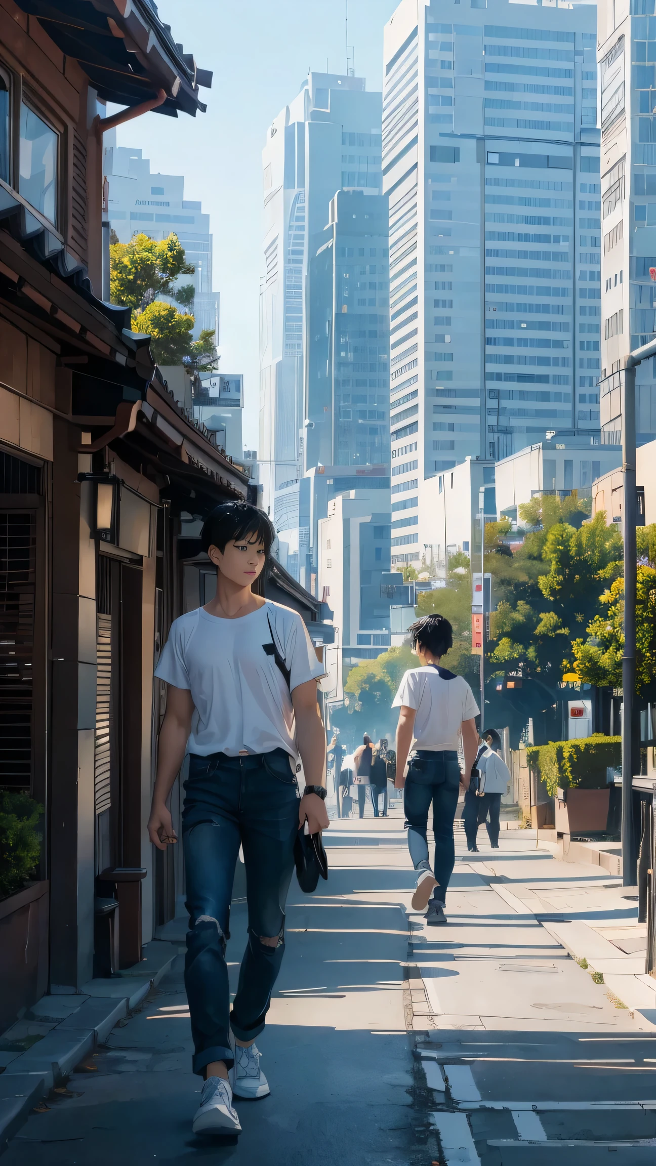 （（（8k. ＨＤＲ.Surrealism、Movie、Highest Quality 1.2、 Very detailed、Very detailed、Perfect Shadow、Low angle full body shot 1.2、1 photo、Commercial photo 1.2、50 mm 、Film Grain、University campus）））、（Boys、Black Hair）（（（White short-sleeved T-shirt、、jeans、White cloth shoes）））、 (Focus on the role、From the front、Standing), （Buildings during the day、Buildings during the day、Impressive campus、),(Focus on the role、Side Angle)、（White skin、tall、Black Hair、short hair）