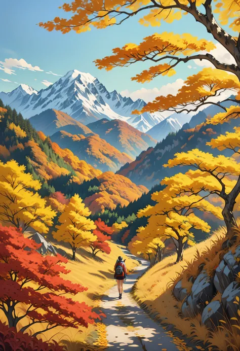 realistic anime art style, nature trees々painting of a girl hiking through a lush mountain、the girl is painted small on the canva...