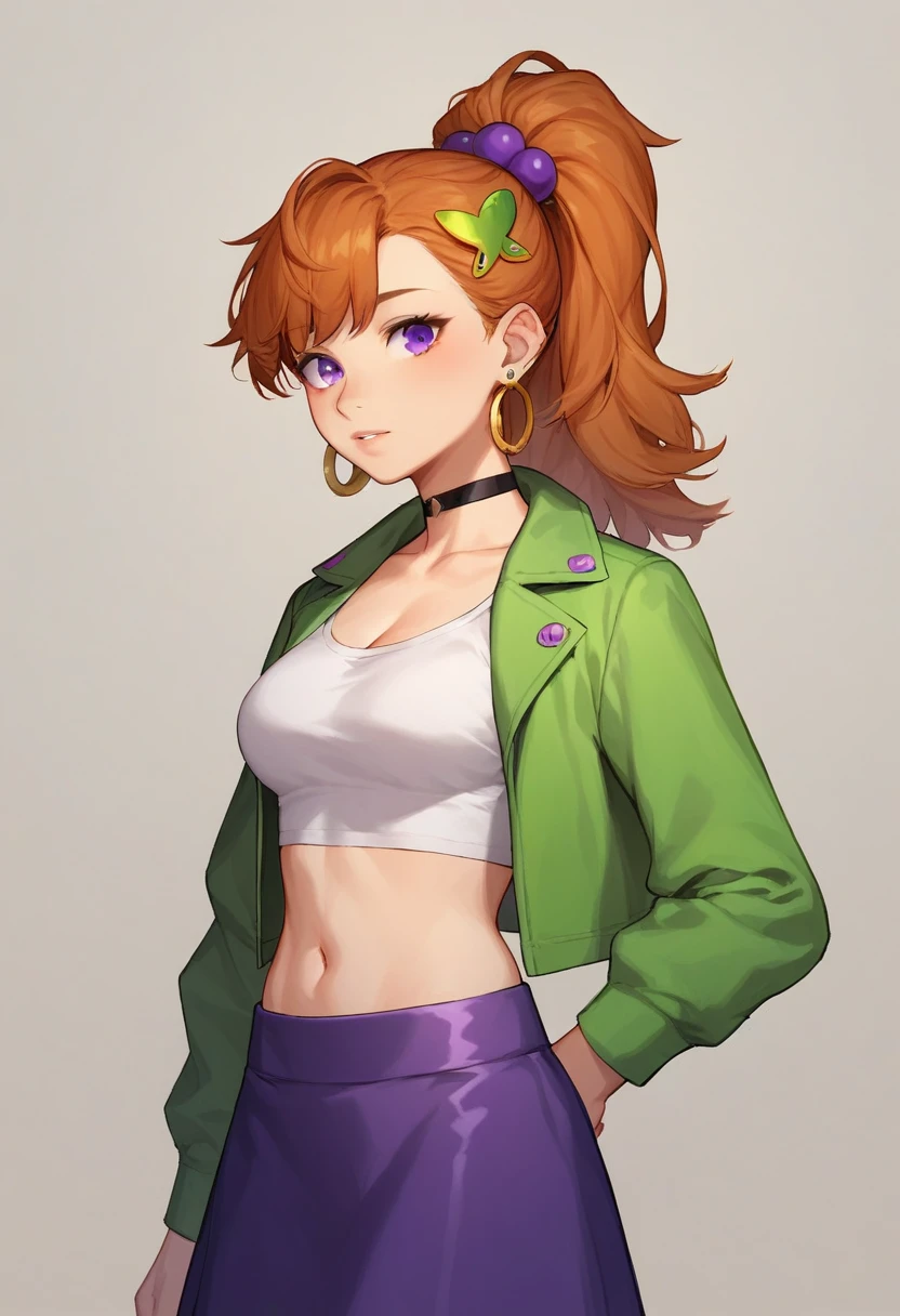 score_9, score_8, score_71girl, solo,  frankiefoster, ponytail, hair ornament, earrings, black choker, shirt, green jacket, midriff, purple skirt