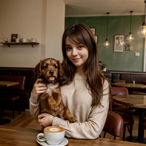 cute black long straight hair brown eyes round face girl wearing brown sweater sitting in café drinking coffee, sunset, toothy s...