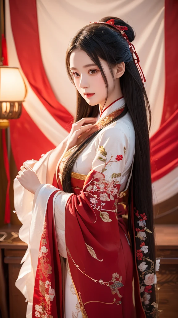 This masterpiece will blow your mind with its super detailed and intricate rendering of a girl in a hanfu dress, complete with delicate jewelry and a flowing red ribbon, set against a backdrop of swirling wind.