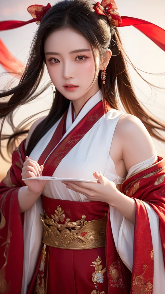 This masterpiece will blow your mind with its super detailed and intricate rendering of a girl in a hanfu dress, complete with delicate jewelry and a flowing red ribbon, set against a backdrop of swirling wind.