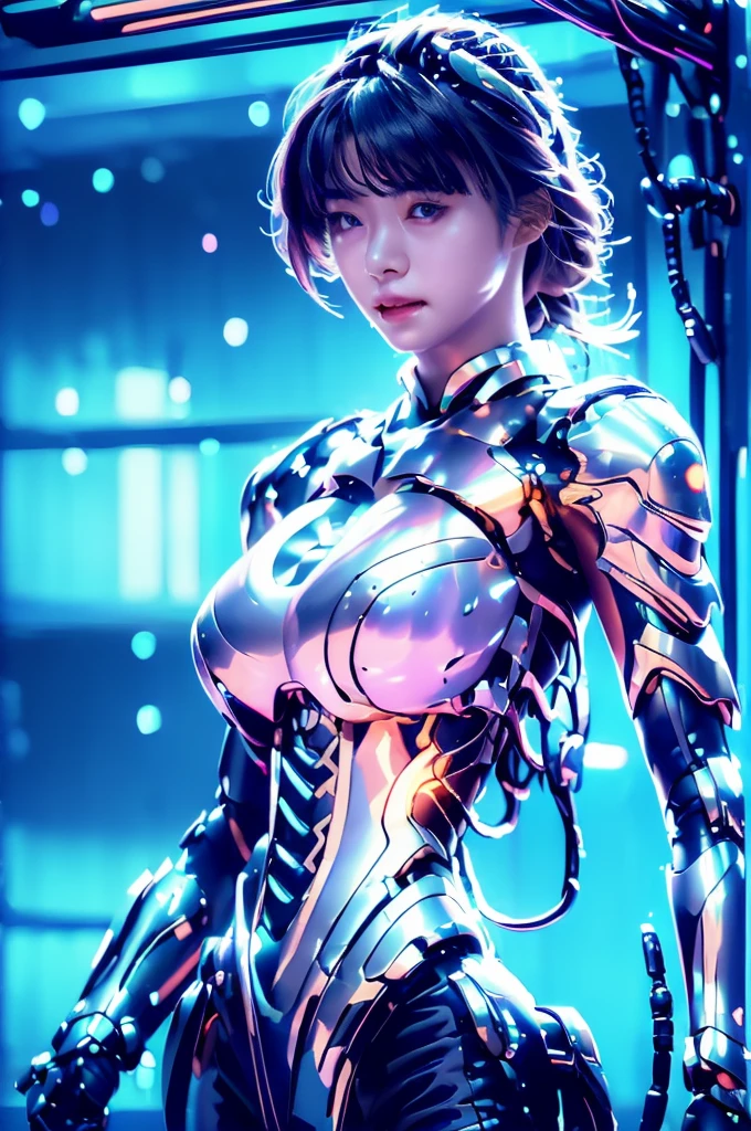 Highest quality, masterpiece, figure, (Realistic, photo-Realistic:1.37), wonderful, In detail, Incredibly absurd, Large file size, Very detailed, High resolution, Very detailed CG Unity 8k wallpaper, Very detailed目と顔, Ray Tracing, Browsing Caution, NUDE, One girl, Korean cyborg girl is innocent and young々Has a sly expression. She poses boldly with her arms raised above her head, Revealing her voluptuous figure. She is wearing a small black mecha armor top that barely covers her breasts., Exposing most of her flawless skin. Her shoulders and head have more armor detailing.、There are shining highlights, Tech Panels and Mechanisms. She is standing against a futuristic cityscape lit up with vibrant neon lights.、Standing full of energy。.