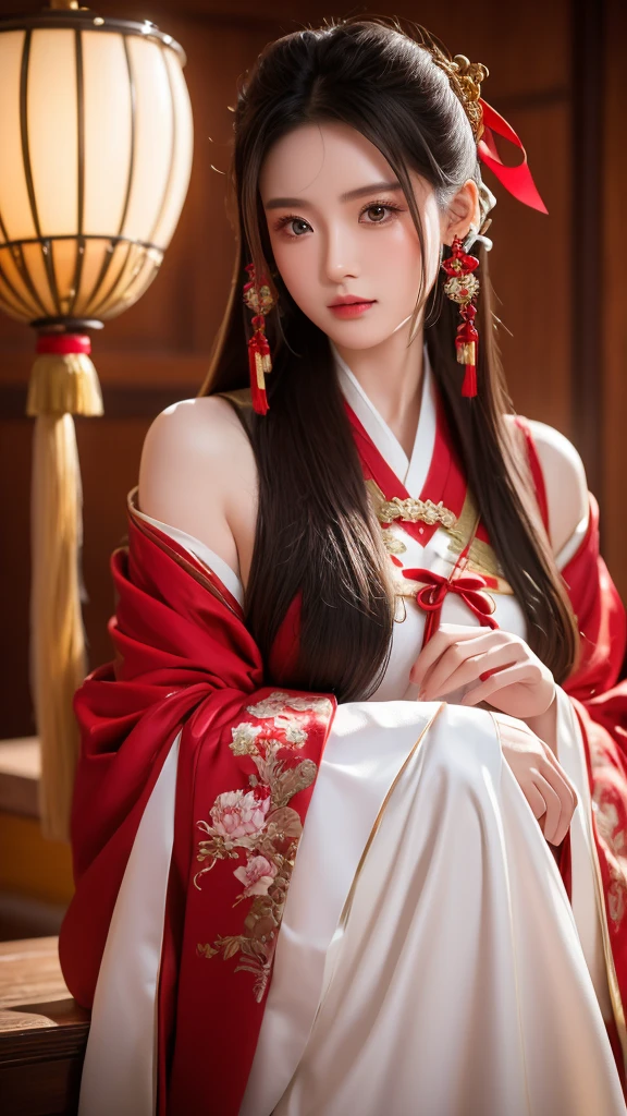 Get ready to be mesmerized by the extreme level of detail in this stunning depiction of a girl in a hanfu dress, featuring intricate jewelry and a flowing red ribbon, all captured in breathtaking 8k resolution.