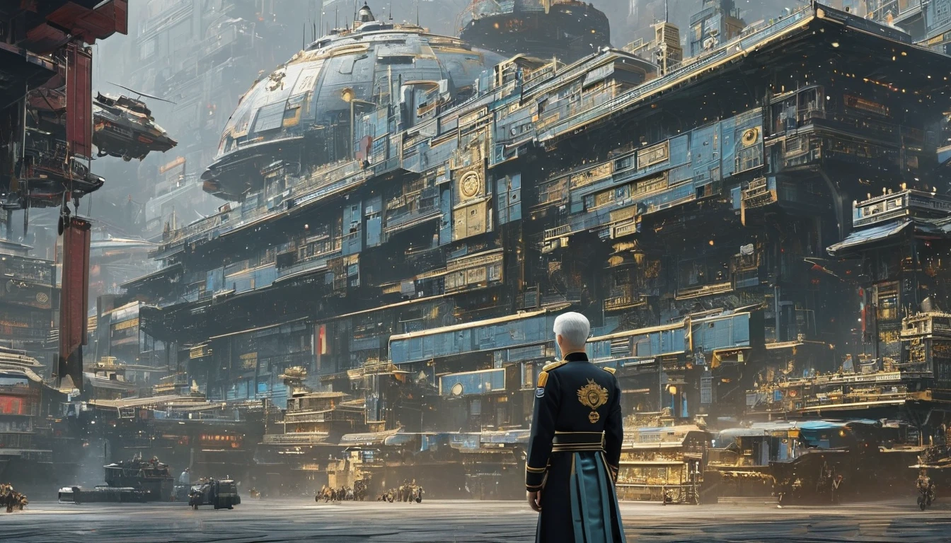 A middle aged man military officer, light blue skinned, white militar short hair, wearing a black military tunic with gold details in the foreground, standing on a platform, in the background a spaceship with Japanese design