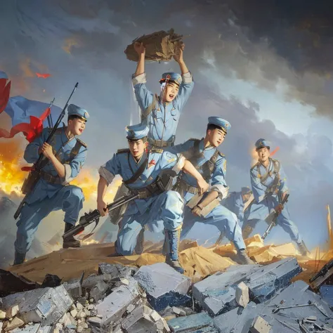 chinese people'sboy soldiers holding tools and mriages,picking up rubble on the battlefield in blue uniforms,with red flags flut...