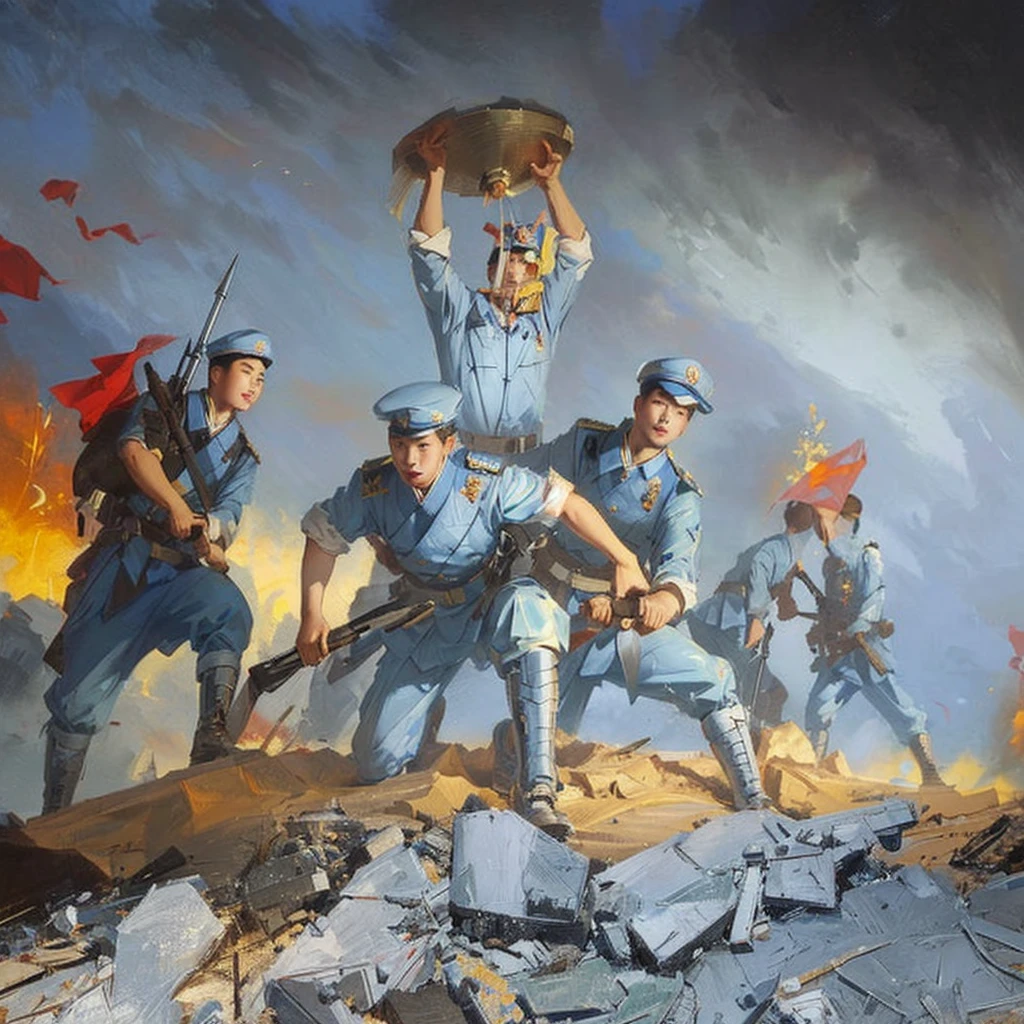 Chinese People'sboy soldiers holding tools and mriages,picking up rubble on the battlefield in blue uniforms,with red flags fluttering behind them.,