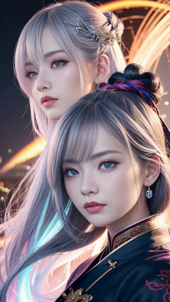 masterpiece, high quality、high resolution、High resolution、wonderful, (CG illustration、8k )、night, Outdoor,  ancient China, ((2 women)), Mature Woman, Blue and white hair color, Gray blue eyes, Pale pink lips, Indifference, 真swordさ, bangs,Surreal Onmyoji、Unrealistic and dynamic assassin, sword, Facial details, Facial details、purple、red、Effect Effects、Surrounded by a rainbow aura、