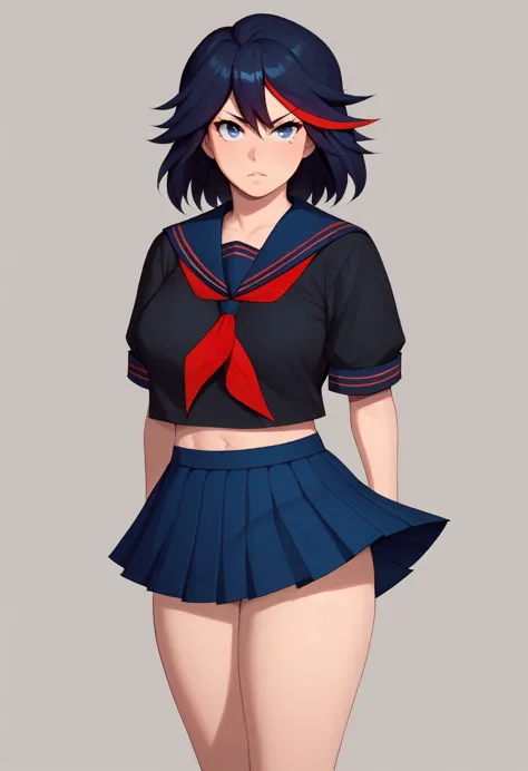 score_9, score_8_up, score_7_up, break 1girl, solo, breasts, matoi ryuuko, sailor collar, serafuku, skirt, black serafuku,