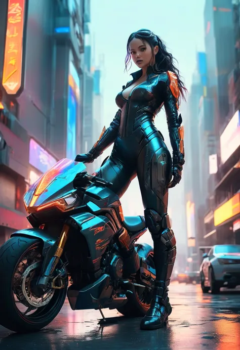 {{a breathtakingly beautiful woman racing at breakneck speed atop a high-performance motorcycle in a hyper-realistic cyberpunk s...