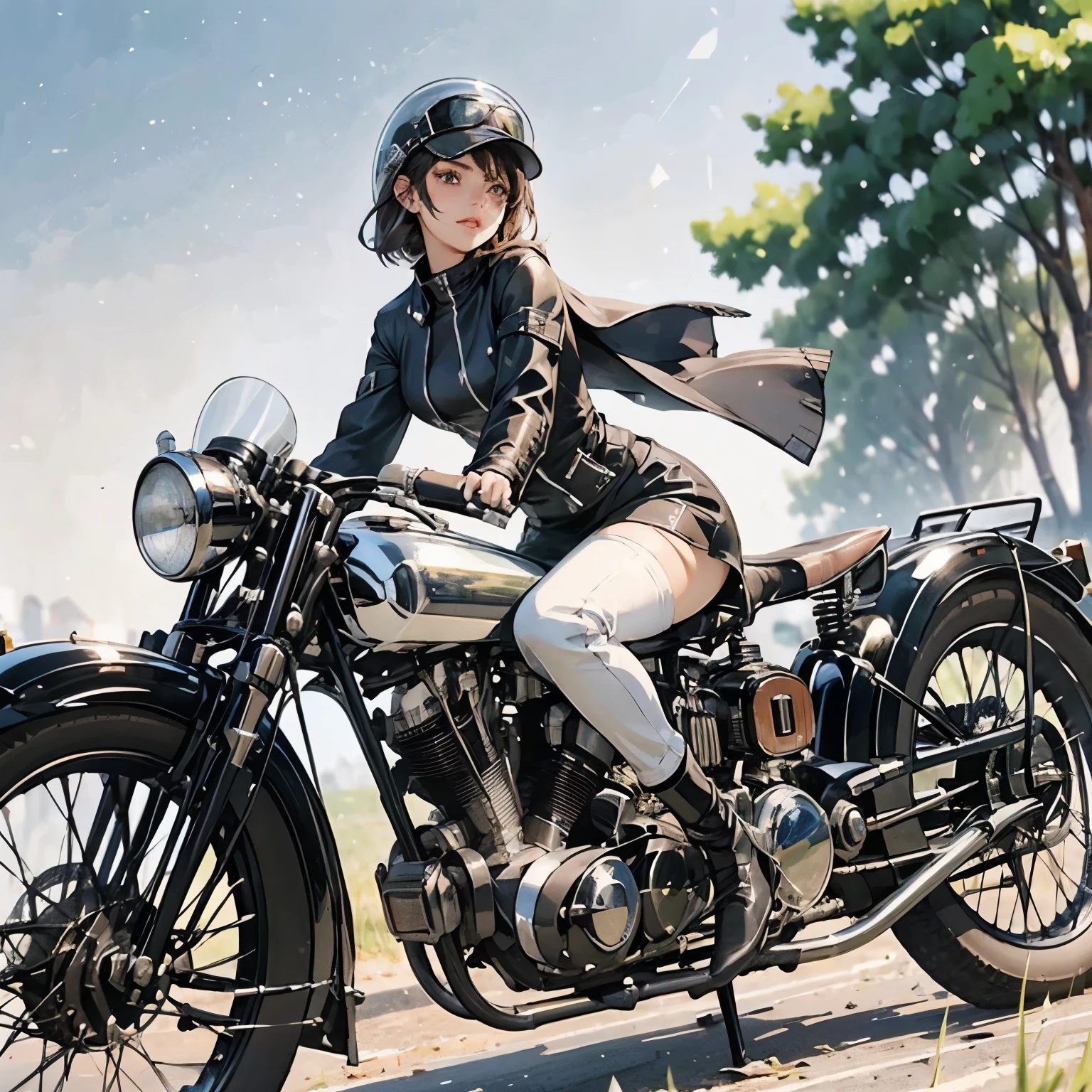 Bluff Superior SS100、(クラシックRiding on motorcycle )、(Vintage Bikes、Bluff Superior SS100)、Isle of Man Races、 (Riding on motorcycle:1.2), Beautiful young woman、18-year-old、Beautiful Face, Beautiful delicate eyes, Black Hair, Short Bob Hair,  Classic Leather Jacket、Cromwell helmet with goggles、After the Rain、English countryside、 Detailed Description、(Highest quality, masterpiece, High resolution)、8k、wallpaper
