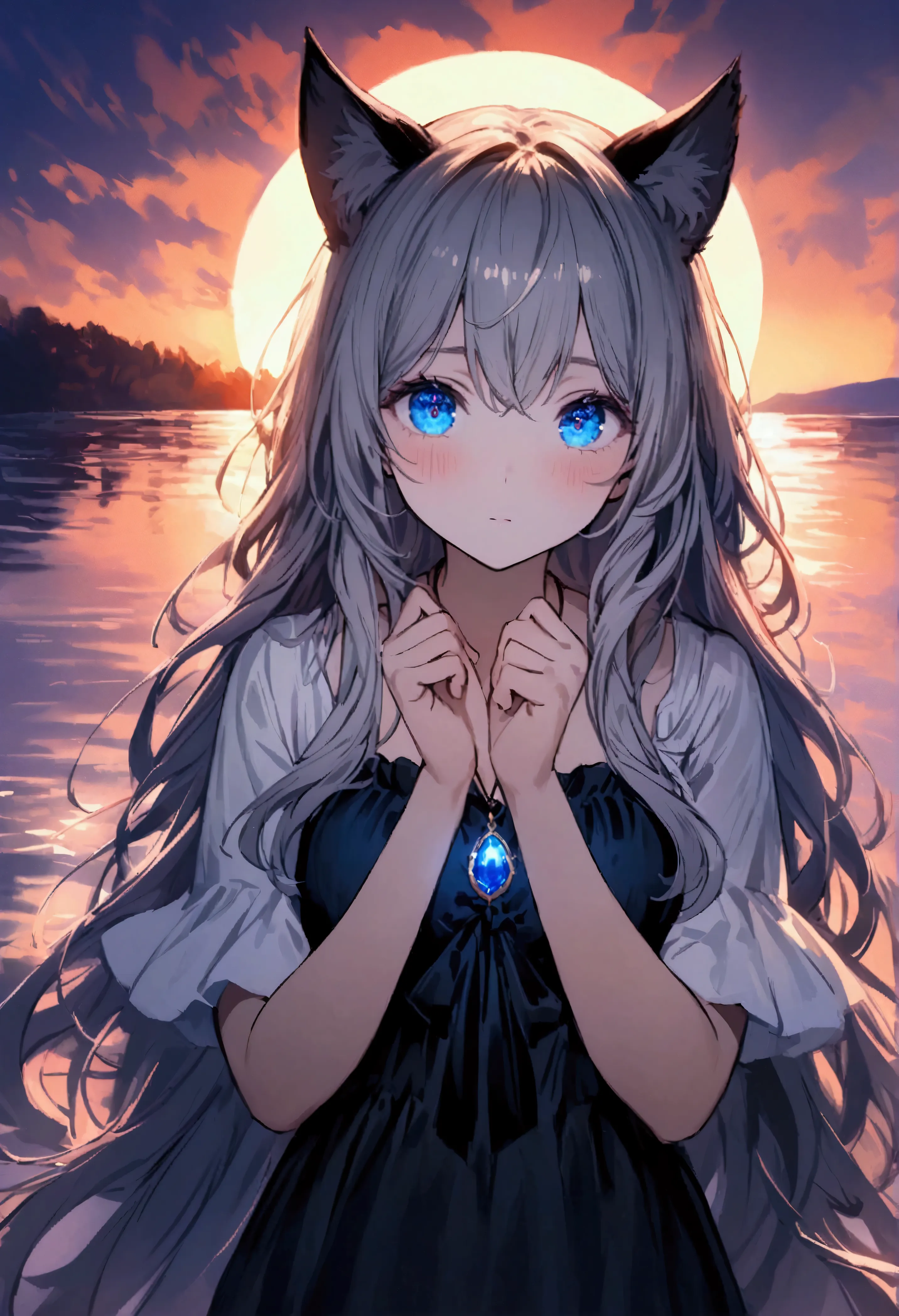 woman, calm expression, captivating eyes, blue eyes, wavy long hair, grey hair, black cat ears, kemomimi, loose fitting dress, c...