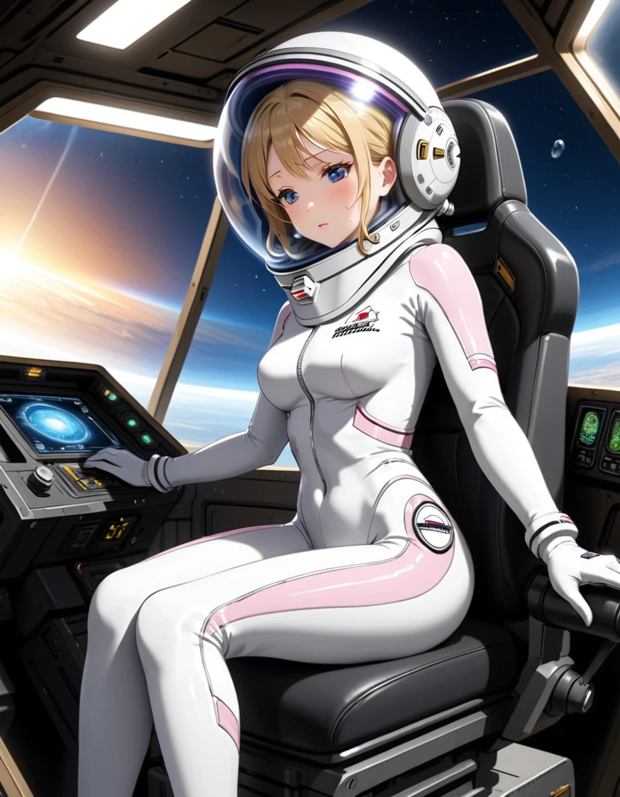 (spacesuit:1.15), white cargo pants,  space helmet , , indoors, masterpiece, best quality, 1girl, solo, short hair, , , trembling, HARD TO BREATH,, , bodysuit, \, lumine , bubble helmet, short hair,  nside the (cockpit) of a (futuristic spaceship:1.6), , blush,sitting on a chair, covered navel, short hair, Ayase, Eri ayase