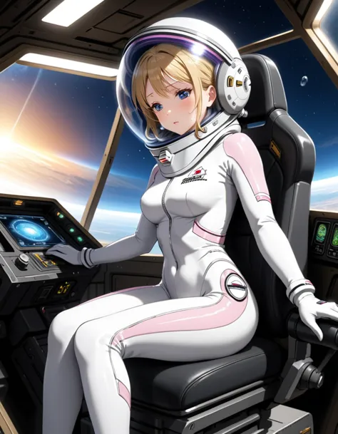 (spacesuit:1.15), white cargo pants,  space helmet , , indoors, masterpiece, best quality, 1girl, solo, short hair, , , tremblin...