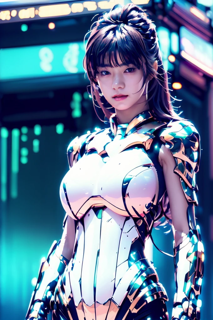 Highest quality, masterpiece, figure, (Realistic, photo-Realistic:1.37), wonderful, In detail, Incredibly absurd, Large file size, Very detailed, High resolution, Very detailed CG Unity 8k wallpaper, Very detailed目と顔, Ray Tracing, Browsing Caution, NUDE, One girl, Korean cyborg girl is innocent and young々Has a sly expression. She poses boldly with her arms raised above her head, Revealing her voluptuous figure. She is wearing a small black mecha armor top that barely covers her breasts., Exposing most of her flawless skin. Her shoulders and head have more armor detailing.、There are shining highlights, Tech Panels and Mechanisms. She is standing against a futuristic cityscape lit up with vibrant neon lights.、Standing full of energy。.