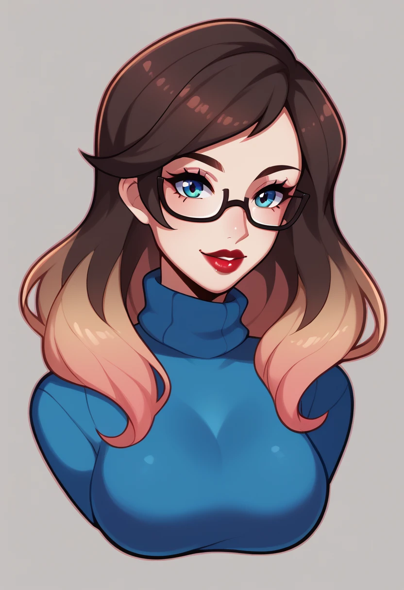 score_9, score_8_up, score_7_up, BREAK 1girl, solo, breasts,  gwentd, two-tone hair, lipstick, turtleneck sweater, glasses, looking at viewer, portrait,