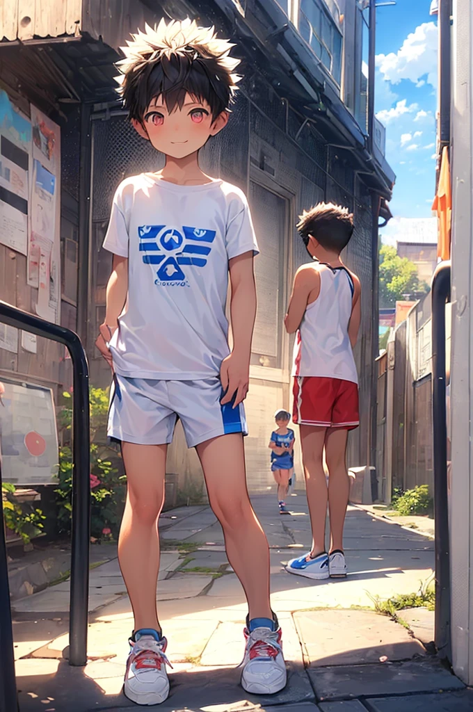 (Shota:1.5),(((Highest quality))),(((masterpiece))),(((Very detailed))),(((High resolution))),One person,Short sleeveＴshirt,Short shorts,White socks,Blue sneakers,Cheerful boy,Japanese,Buzz Cut,(((Spiked Hair))),Black Hair,(Point pupils),Skinny body,Baby Face,smile