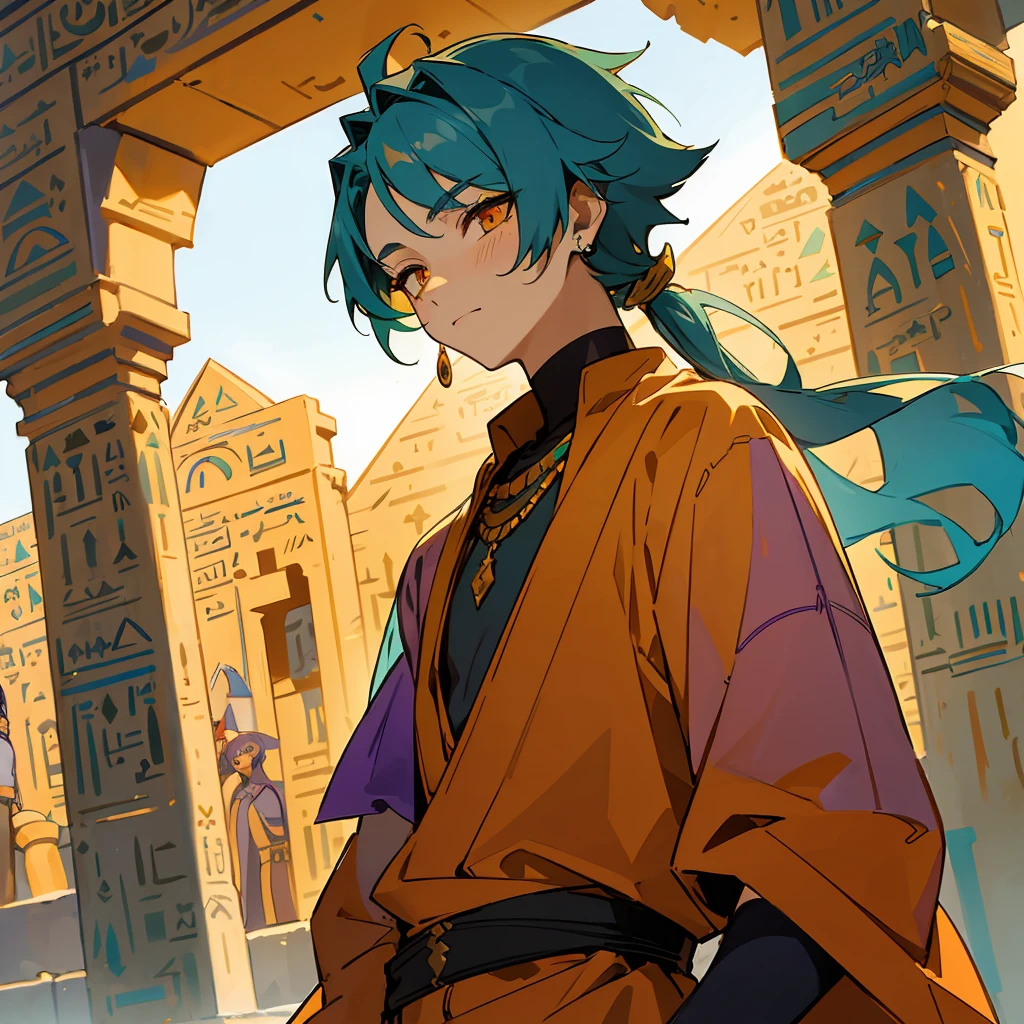 1 boy, (Turquoise hair), orange eyes, Arabian style, handsome, 15 years old kid, orange eye liner, soft smile closing eyes, ((ancient Arabic purple clothes)), Arabian nights, ((Egyptian style)), jewelry 