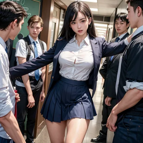 a pure  surrounded by excited high school students, her school uniform is ripped to reveal her sexy underwear, a high school boy...