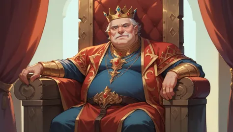 score_9, score_8_up, score_7_up, score_6_up, epic dark fantasy art of a corrupt fat king sitting on a throne, 1boy, solo, old ma...