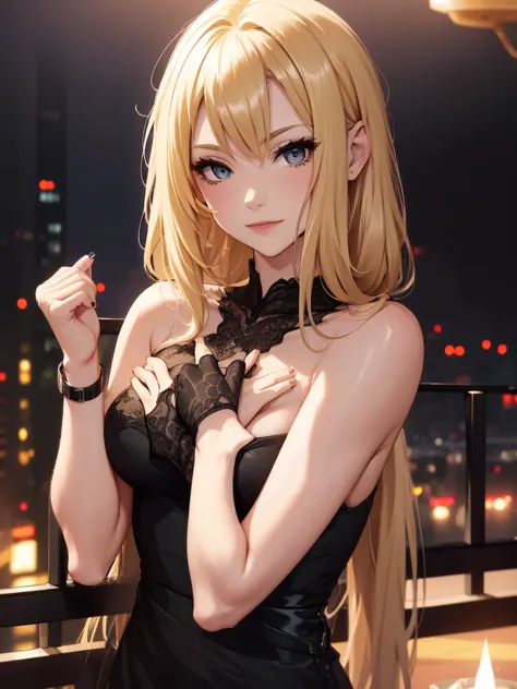 1woman, wearing a black colour party frock, modern short frock , at a night party , blonde hair, 8k, high detailed, high quality