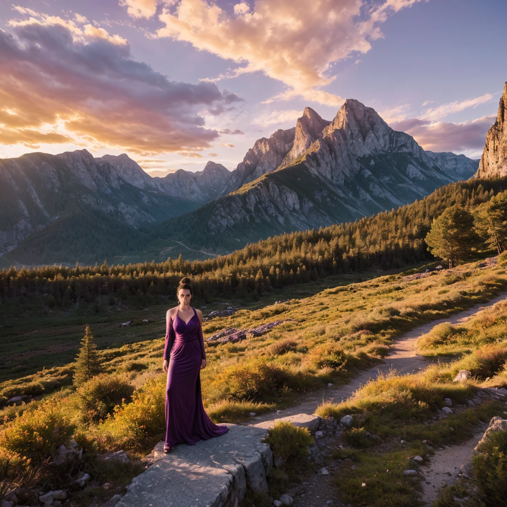 A 35-year-old woman radiating strength and elegance in a dramatic, mountainous landscape during sunset. She stands on a rocky outcrop, dressed in a flowing, deep-colored gown that contrasts with the rugged terrain. One arm is outstretched as if reaching for the horizon, while her gaze is focused on the distant peaks, exuding determination and grace. The camera is positioned low, capturing her against the backdrop of towering mountains, with the sky painted in shades of orange, pink, and purple. The background includes jagged cliffs, distant snow-capped peaks, and a winding river far below, adding depth and majesty to the scene. Photographed with a 24-70mm lens, the image blends her poised beauty with the epic grandeur of nature, creating a powerful and inspiring composition