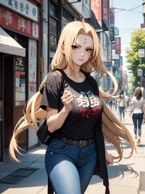 (tsunade), 1woman, wearing a modern style t-shirt and jeans, walking at city street , blonde hair, 8k, high detailed, high quali...