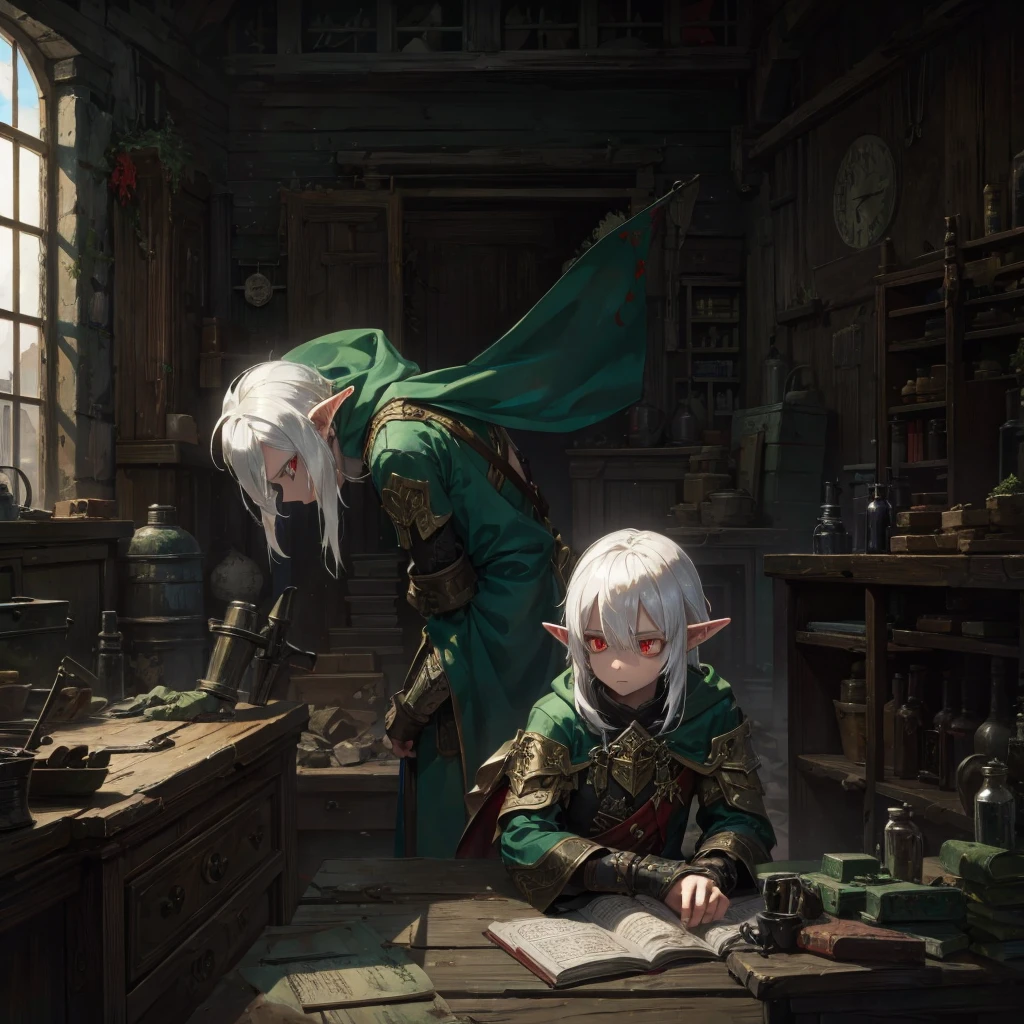 male, white hair, elf, pointy ears, sad red eyes, torn green clothes, blacksmith shop scene