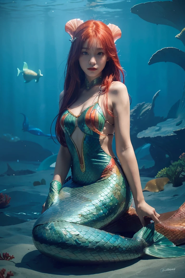 ((masterpiece, best quality, extremely detailed), volumetric lighting, ambient occlusion, colorful, glowing), 1girl, solo, young girl, (red hair), long hair, goddess, cyber suit, (mermaid design:1.3), coral, under the sea, castle, Atlantis,  (cyberpunk theme:1.2), (((Little mermaid))). Ariel, 