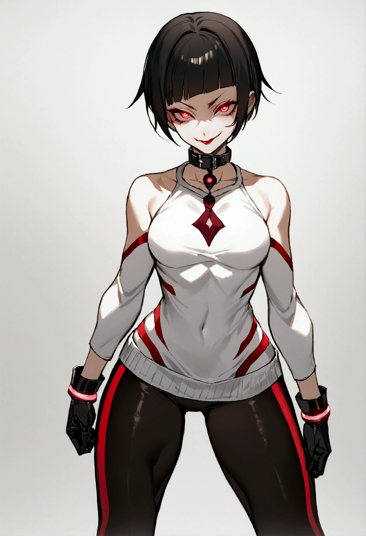 The eyes,fully body,standing,alone,short hair,work of art,face detailed,young fitness linda,Wearing black pantyhose,tight white sweater with collar ,neckleace,evil smile,red eyes glowing,labiaa,eye shadow,bangs on the eyes,black gloves,usando The eyes
