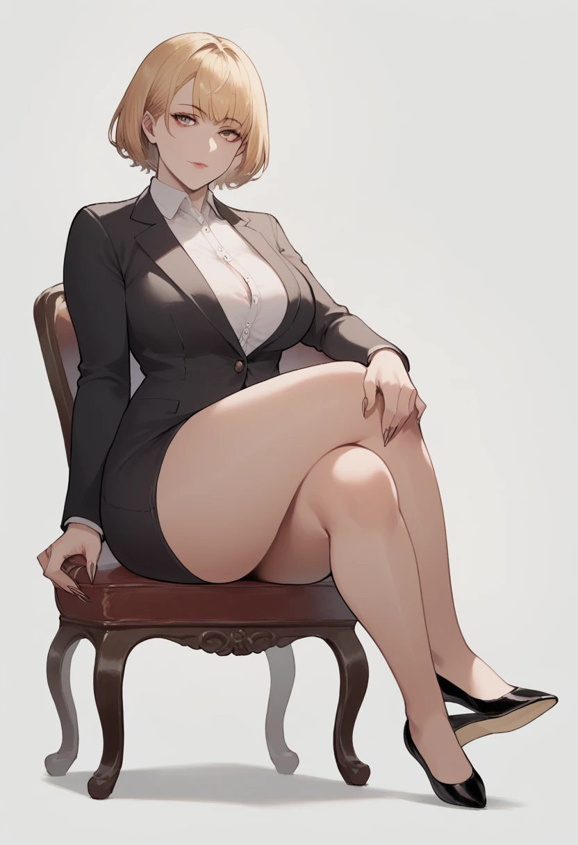 Score_9, score_8_up, score_7_up, score_6_up, source_anime, Nyantcha style, 1girl, solo, Short blonde hair, hair bangs, pale skin, short bob hairstyle, adult woman, mature woman, 50 years old, detailed eyes, milf, large breasts, wide hips, thick thighs, shapely legs, entire body showing, long fingernails, black blazer, white button up underneath, very long black pencil skirt, knee-length pencil skirt, ballerina flats shoes, black footwear, flats shoes, sitting on a chair, legs crossed at the knee, shoe dangle 