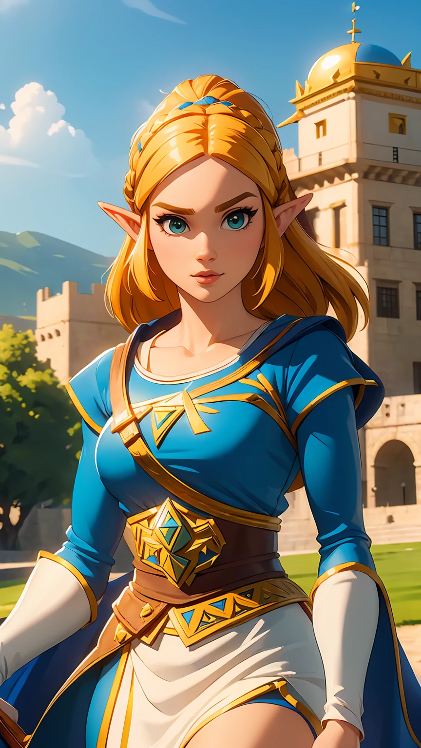 ((masterpiece)), ((best quality)), (detailed), perfect, Alone, zelda, gorgeous woman, Princesa Zelda como reina de Spain, (en el palacio real de Spain), Spain, banderas de Spain,