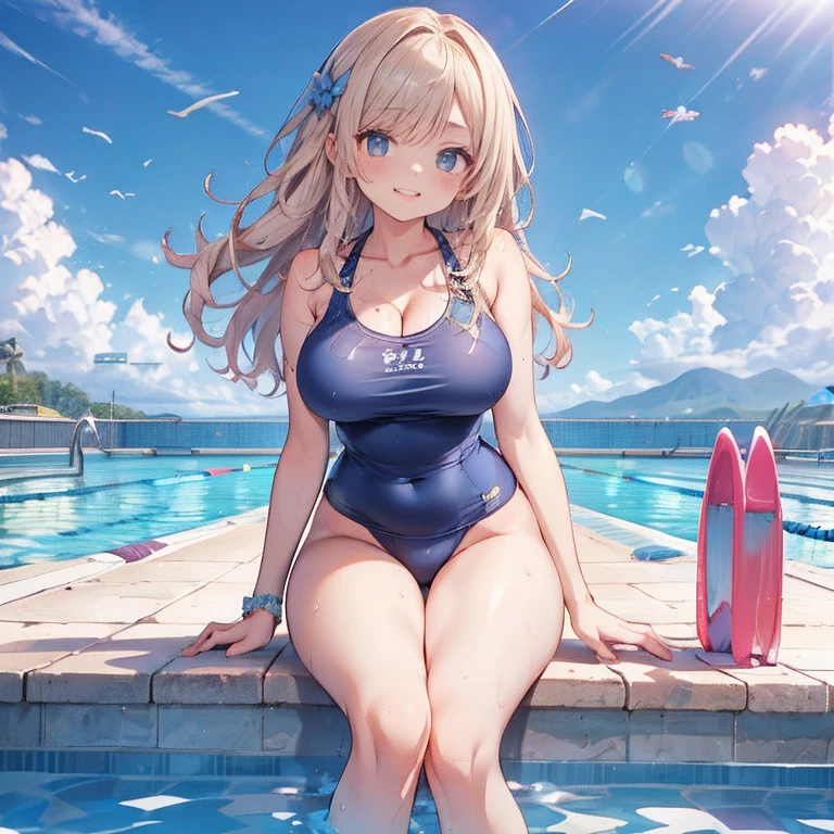 Anime Kawaii sexy Perfect Slim sensual body large breast and huge thighs, An intricate and highly detailed illustration of anime (Young girl) Highest quality、masterpiece、(1 adult female:1.3)、(Soft bust:1.2)、nature 、Girl in competitive swimsuit,beautiful,smile,Pool,Tempting,((Looking at the audience)、Textured skin、(smile)、blush、(Blue summer sky:1.3),(Beautiful background of beach pool:1.3)