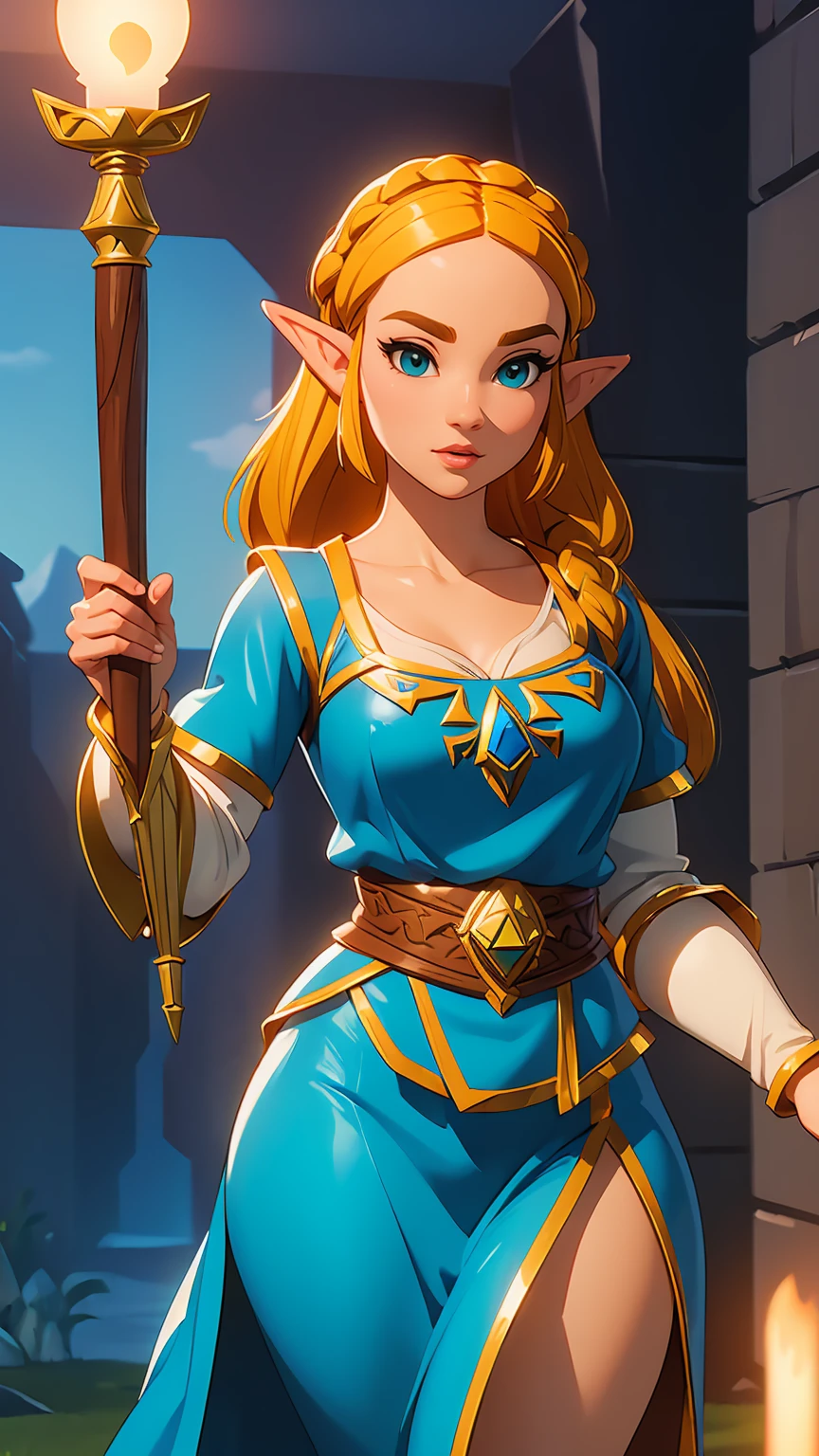 ((masterpiece)), ((best quality)), (detailed), perfect, solo, zelda, gorgeous woman, Princesa Zelda con una antorcha