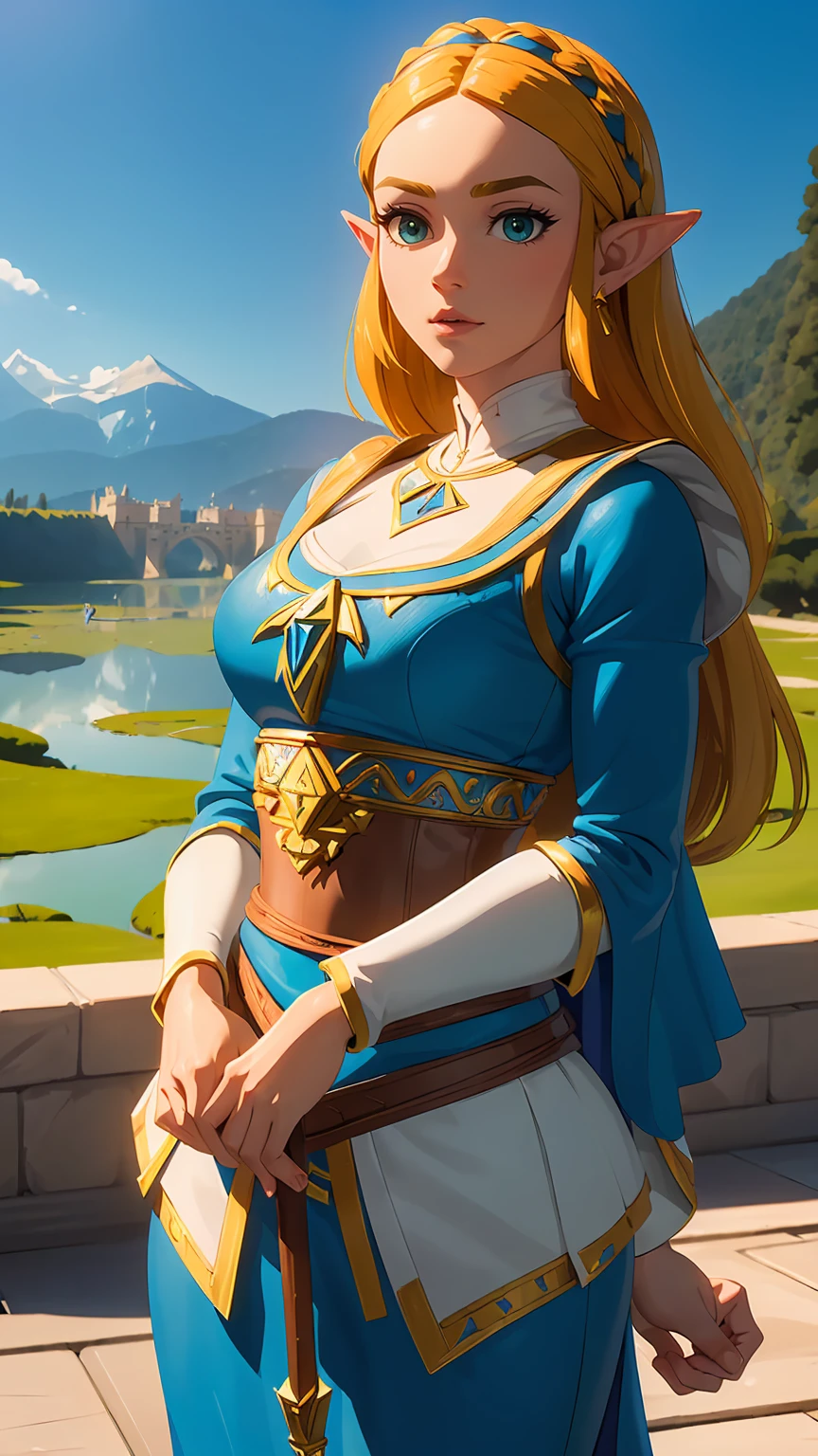 ((masterpiece)), ((best quality)), (detailed), perfect, solo, zelda, gorgeous woman, Princesa Zelda como reina de España, (en el palacio real de España), España, banderas de España, (((Moncloa)))