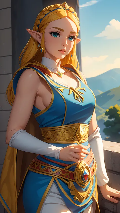 ((masterpiece)), ((best quality)), (detailed), perfect, alone, zelda, gorgeous woman, princesa zelda como reina de spain, (en el...