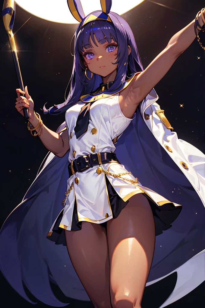 Black background with spotlight, Long eyelashes, Black background with spotlight,　White jacket、White mini skirt、Nitocris, beautiful girl、Raise your arm and show your armpit., Brown Skin