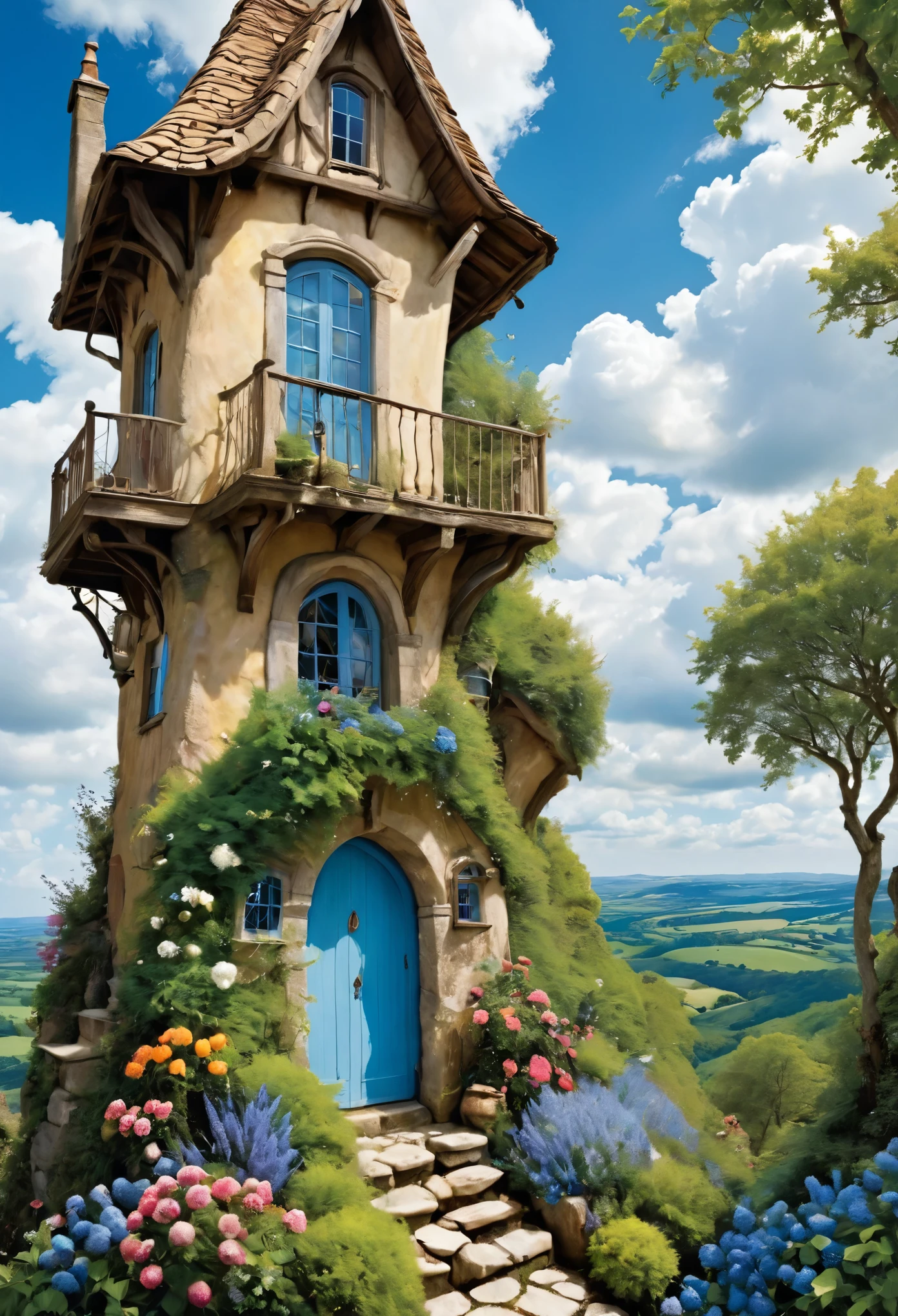 Vibrant, detailed digital painting of a whimsical, multi-story house perched on a rocky cliff. The house features a mix of wooden and stone elements, with steep, red-tiled roofs and multiple chimneys. The structure is surrounded by lush greenery, including trees, bushes, and colorful flowers, creating a lively and enchanting atmosphere. The sky is filled with fluffy, white clouds against a bright blue backdrop, adding to the overall cheerful and magical feel of the scene. The painting is rich in color and texture, with intricate details that bring the fantasy setting to life.