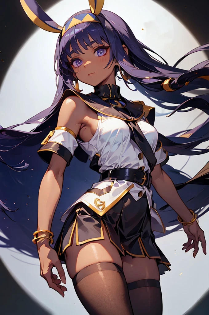 Black background with spotlight, Long eyelashes, Black background with spotlight,　White jacket、White mini skirt、Nitocris, beautiful girl、Raise your arm and show your armpit., Brown Skin