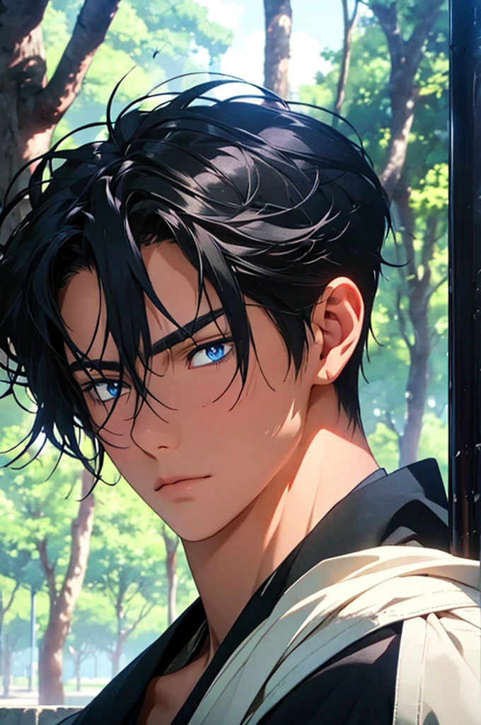 masterpiece, best quality, high quality, 1boy, solo, male focus, looking at viewer, son-hak, black hair, blue eyes, modern clothes, hair between eyes