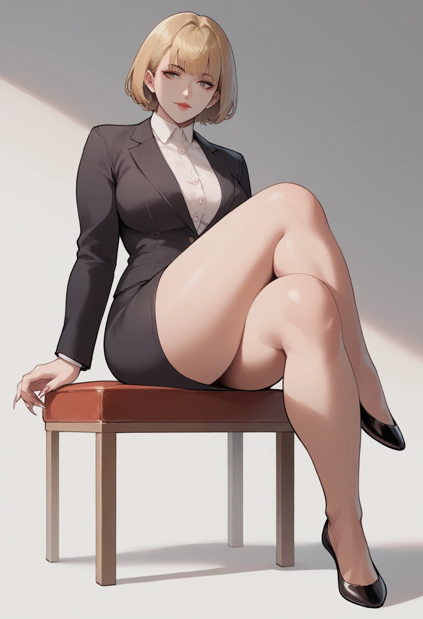 Score_9, score_8_up, score_7_up, score_6_up, source_anime, Nyantcha style, 1girl, solo, Short blonde hair, hair bangs, pale skin, short bob hairstyle, adult woman, mature woman, 50 years old, detailed eyes, milf, large breasts, wide hips, thick thighs, shapely legs, entire body showing, long fingernails, black blazer, white button up underneath, very long black pencil skirt, knee-length pencil skirt, ballerina flats shoes, black footwear, flats shoes, sitting on a chair, legs crossed at the knee