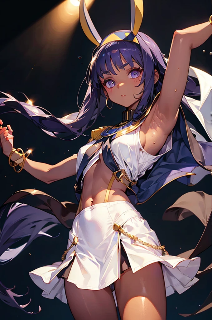 Black background with spotlight, Long eyelashes, whole body, White jacket、White mini skirt、Nitocris, beautiful girl、Raise your arm and show your armpit., Brown Skin