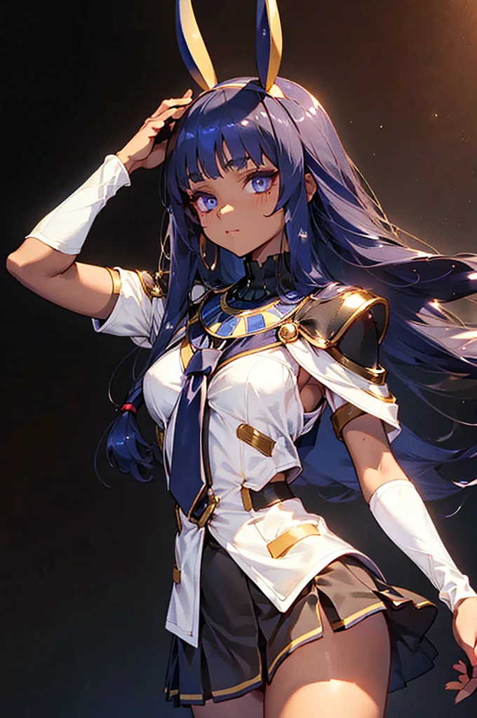 Black background with spotlight, Long eyelashes, Black background with spotlight,　White jacket、White mini skirt、Nitocris, beautiful girl、Raise your arm and show your armpit., Brown Skin